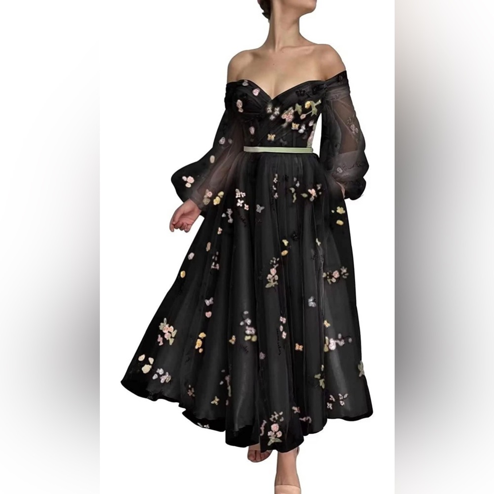 Black Floral Midi Gown NWOT